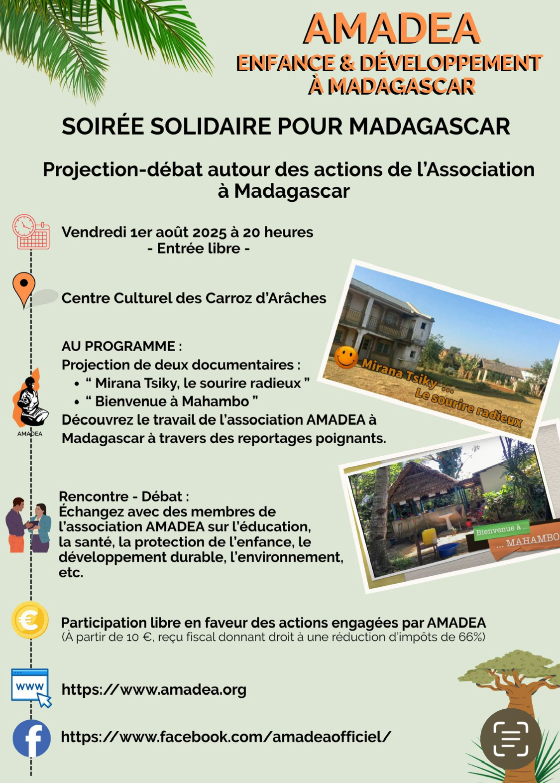 Affiche annonce projection -débat sur actions AMADEA à Madagascar
