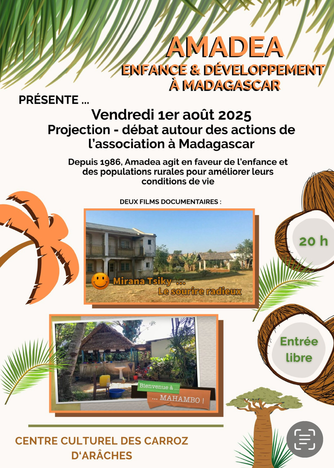 Affiche annonce projection -débat sur actions AMADEA à Madagascar